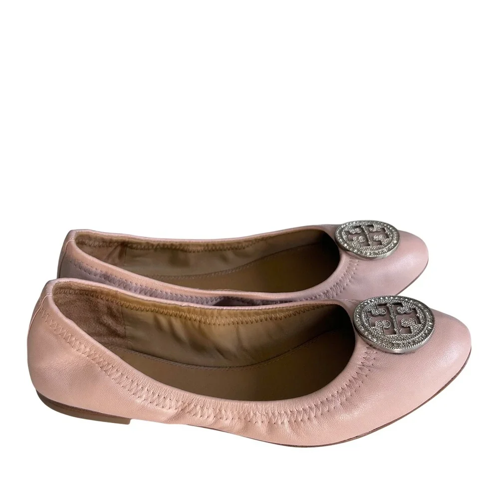 Tory Burch Minnie Travel Ballet Flats size 8 Pink Leather Crystal Medallion
